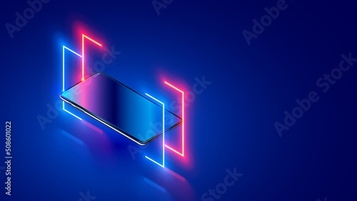 Phone hanging over dark blue glass desk around neon lighting lines. Mock up or template smartphone. Mobile cellphone with empty dark screen with glass gradient. Smartphone tech Isometric background.