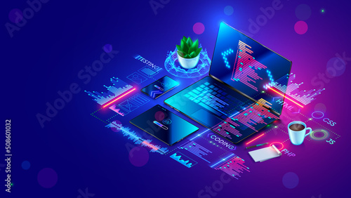 Software development isometric concept. Process of programming, optimization, debugging program or code for laptop, phone, tablet. Creation adaptive application layout. Computer technology banner.
