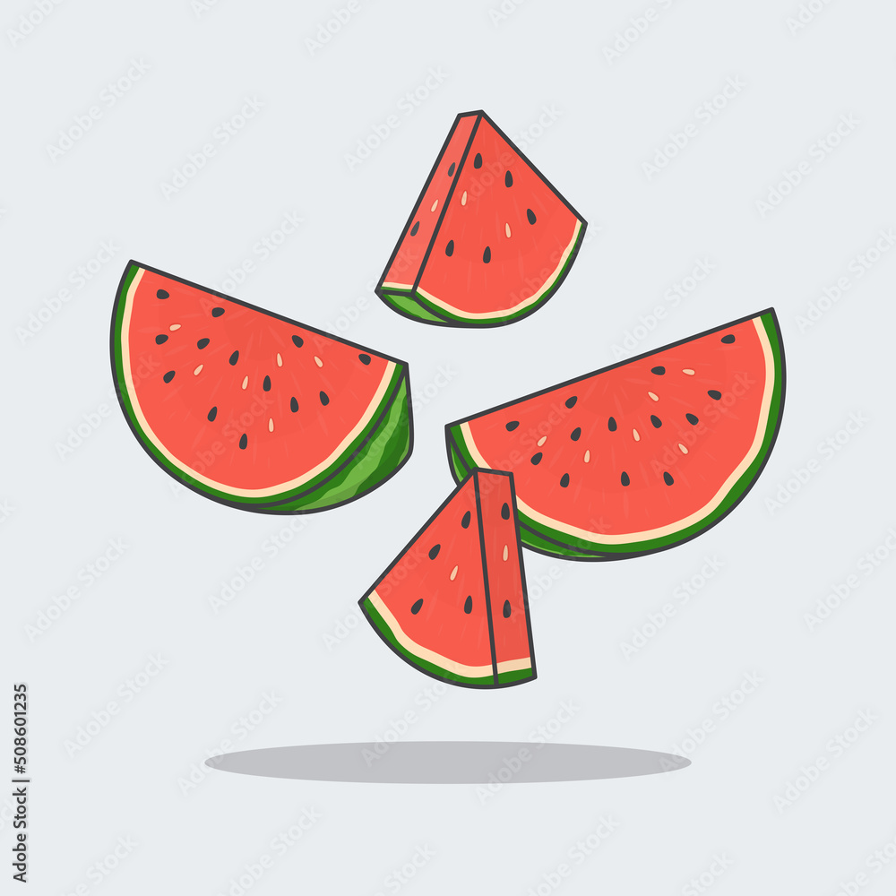 Watermelon Cartoon Vector Illustration. Falling Sliced Watermelon Flat Icon Outline. Flying Watermelon Watermelon Cartoon Vector Illustration. Falling Sliced Watermelon Flat Icon Outline. Flying Watermelon
