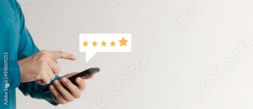 Tableau sur toile User give rating to service experience on online application, Customer review satisfaction feedback survey concept, Customer can evaluate quality of service leading to reputation ranking of business