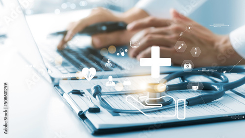 Slika na platnu Health check and healthcare, doctor with stethoscope and medical icons, digital future health care