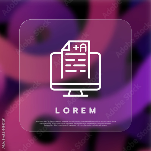 Online education icon. Document on computer screen. Glassmorphism style. Vector line icon for Business and Advertising