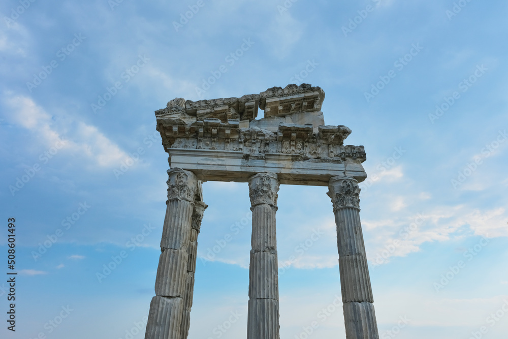 Greek Style Acropolis of Pergamon Side View with Clouded and Blue Sky in Turkey. Touristic Lanscape With Text Place.