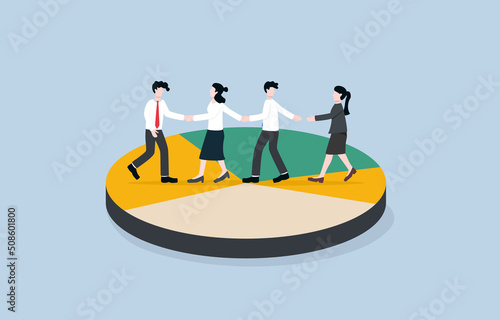 Merger and acquisition to more marketing power, 
business collaboration to get fast productivity concept. Businessman welcoming businessperson teammates on joined color part of pie chart.