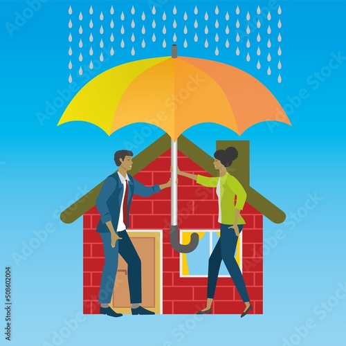 Man and woman protecting house from rain with parasol. Vector illustration.