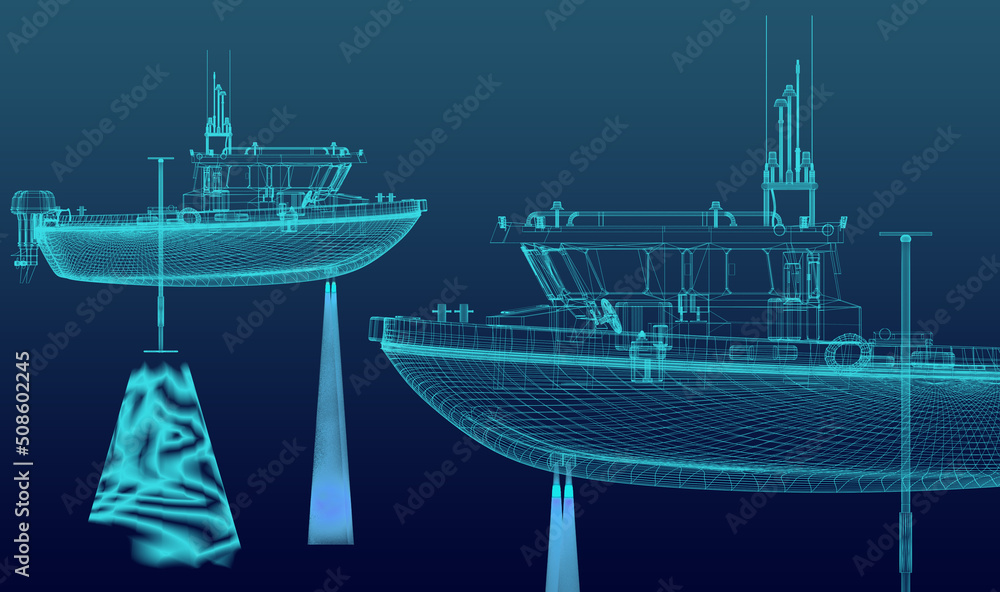 Schematic of a motor boat with sonar. Bathymetry. 3d-rendering - obrazy, fototapety, plakaty 