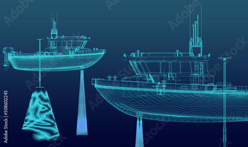 Schematic of a motor boat with sonar. Bathymetry. 3d-rendering photo