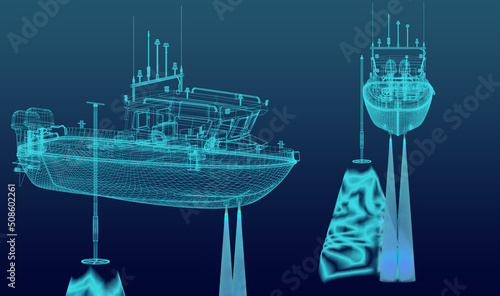 Schematic of a motor boat with sonar. Bathymetry. 3d-rendering photo