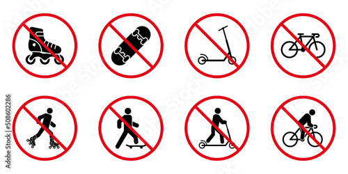 Ban Rollerskate Silhouette Icon Set. Bike Forbid Pictogram. Skateboard Roller Skate Kick Scooter Permit Green Symbol. No Allowed Skating Sign. Prohibit Wheel Transport. Isolated Vector Illustration photo