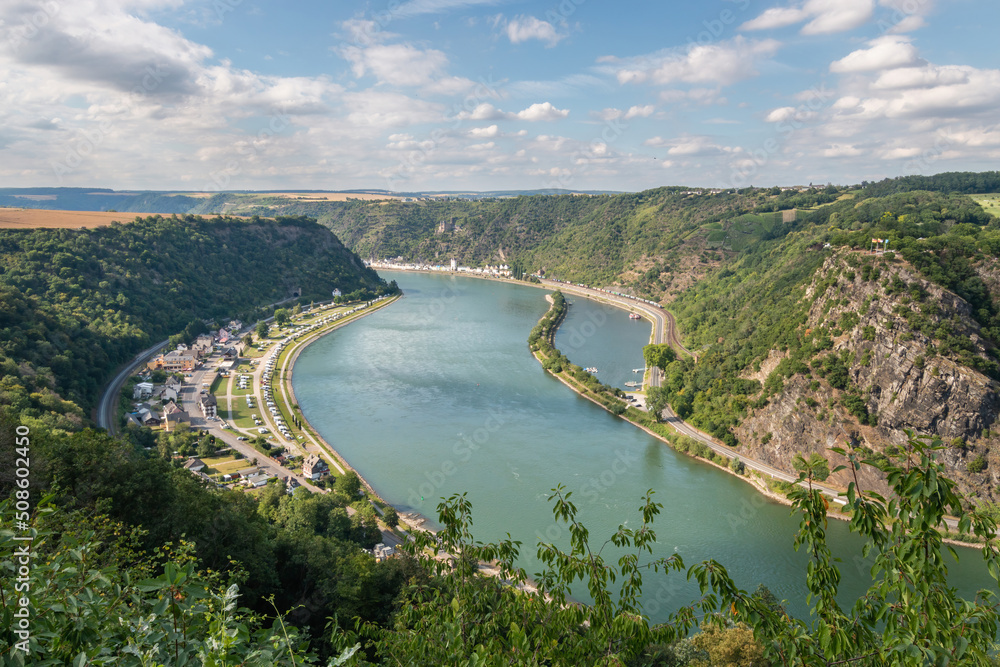 Scenic view of Upper Middle Rhine Valley with Lorelei (germ. Loreley), Katz Castle and St. Goarshausen