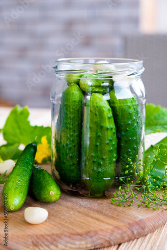 Preparation of salty pickled cucumbers with herbs, garlic and dill. Recipe of homemade delicious and organic preservations. Healthy organic food.