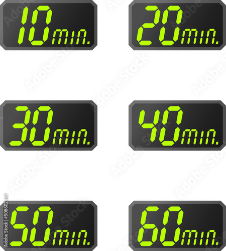 Simple 10,20,30,40,50,60 minutes digital timer clock icon 