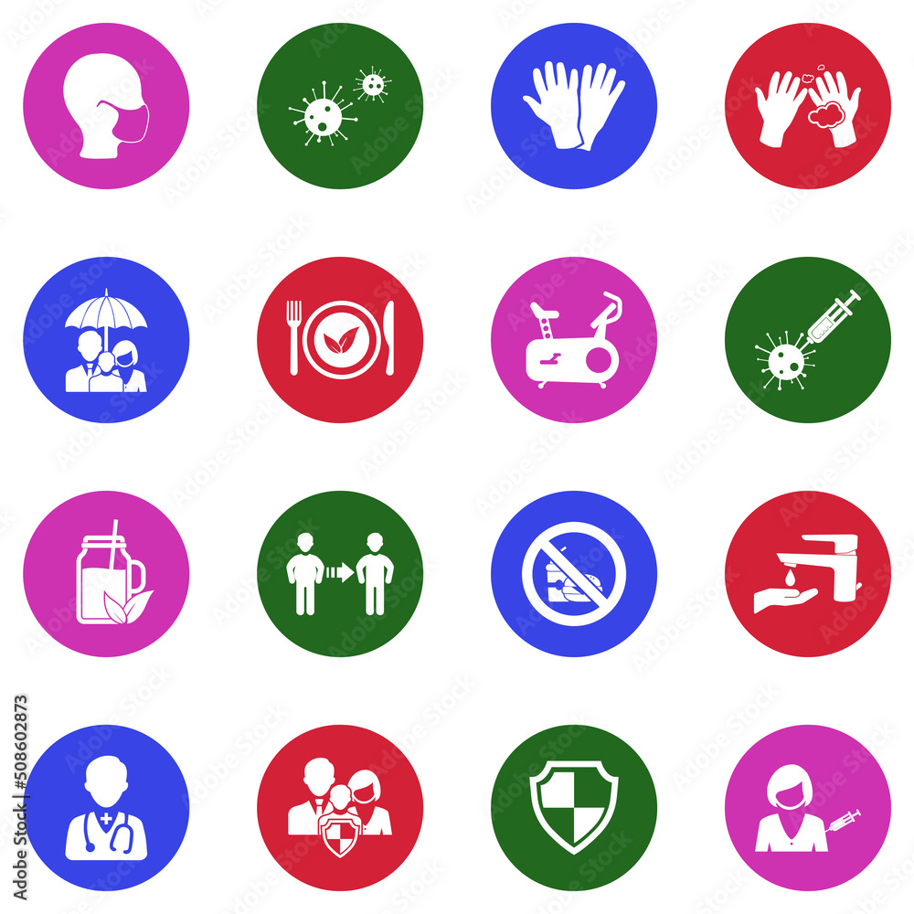 Self Protection Icons. White Flat Design In Circle. Vector Illustration. Self Protection Icons. White Flat Design In Circle. Vector Illustration.