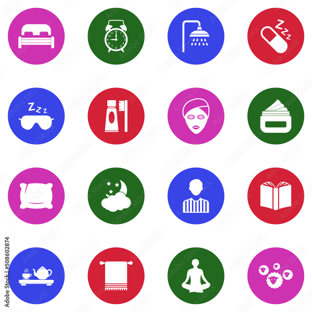 Sleeping Routine Icons. White Flat Design In Circle. Vector Illustration. Sleeping Routine Icons. White Flat Design In Circle. Vector Illustration.