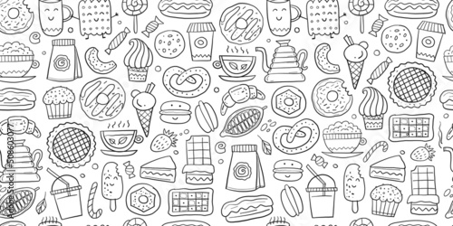 Coffee shop menu elements. Desserts and sweets. Hand drawn sketch. Seamless pattern background for your design