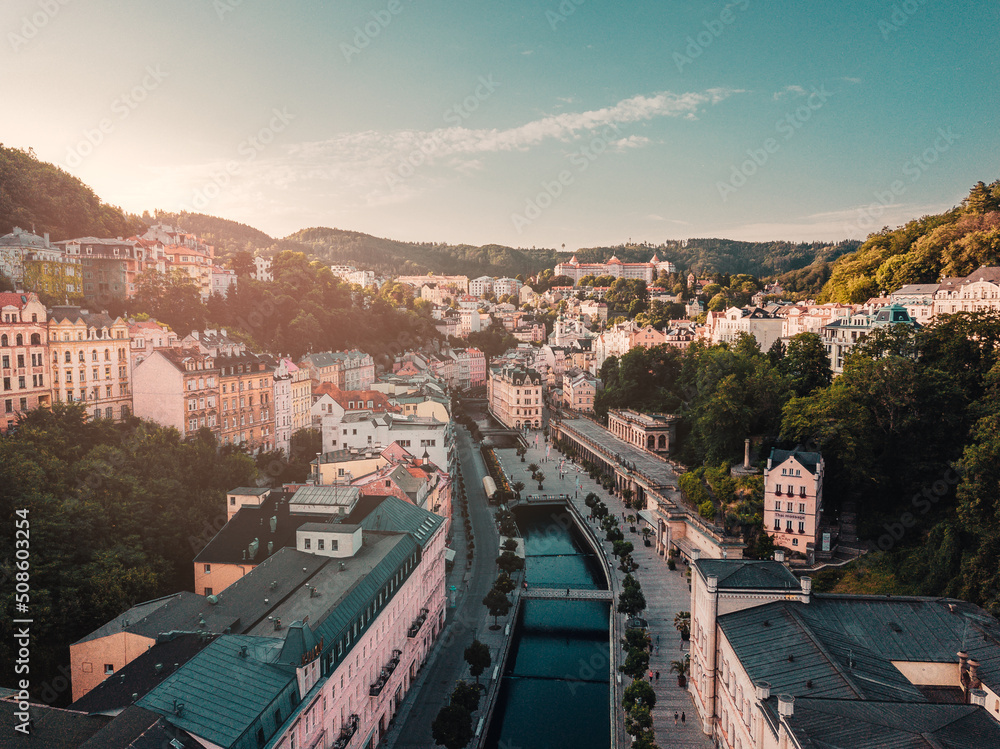 Aerial view on Karlovy Vary city in the morning