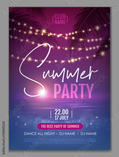 Summer disco party poster with tropic leaves and string of lights. Summer background. Vector illustration