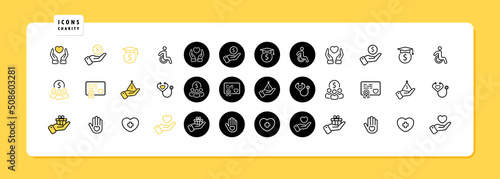 Charity icon set. Donate money or love. Share love and helping others. Vector line icon for Business and Advertising