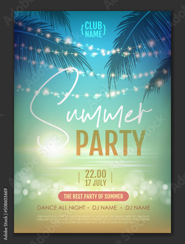 Summer disco party poster with tropic leaves and string of lights. Summer background. Vector illustration