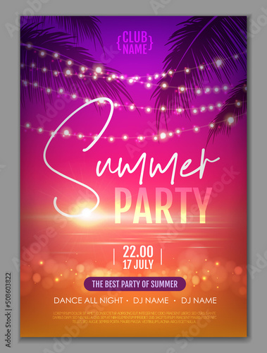 Summer disco party poster with tropic leaves and string of lights. Summer background. Vector illustration