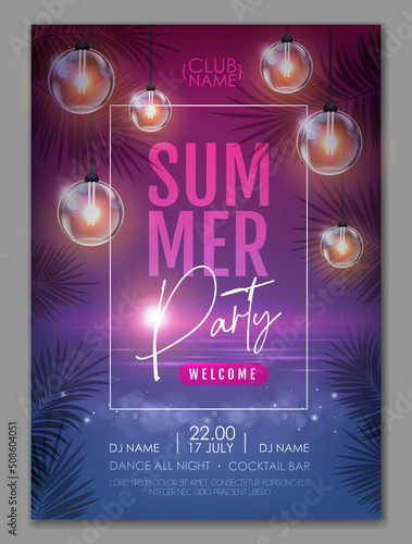 Tableau sur toile Summer disco party poster with tropic leaves and string of lights