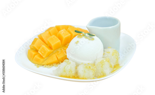 Mango ice cream, Mango sticky rice with ice cream, and coconut milk source, Thai style dessert