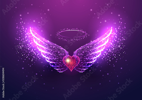 Futuristic memorial angel wings and red heart concept in glowing style isolated on purple