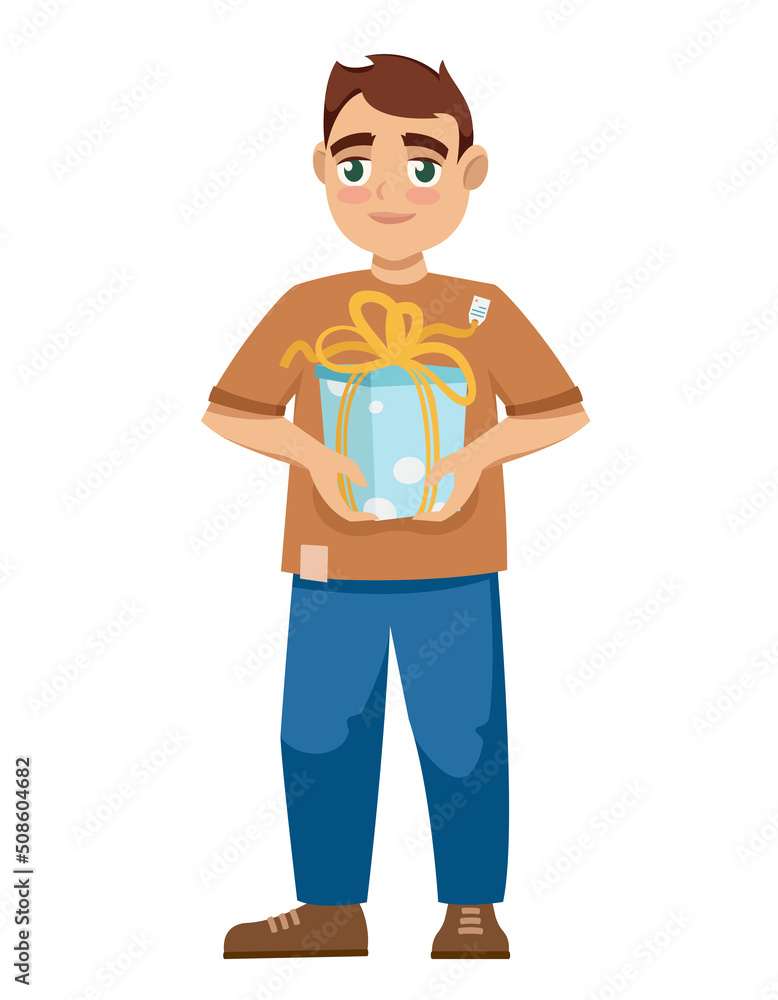 Boy holding gift. Character in cartoon style. Boy holding gift. Character in cartoon style.