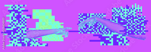 3D low-poly models of hands about to touch each other, as in the "Creation of Adam" scene.