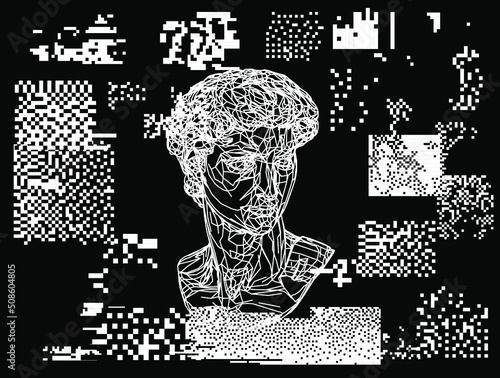 3D low-poly model of sculpture head on glitched and pixelated background. Artsy futuristic image for cover, poster and print.