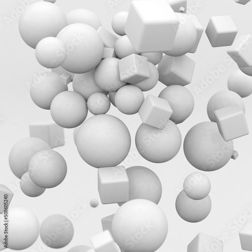 White 3d cubes and balls in sporadic order. 3d render illustration