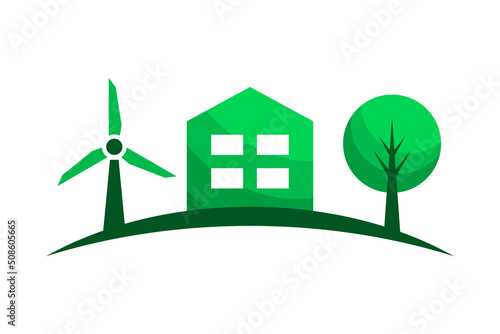 Green housing concept. Windmill, house and a tree. Environmental friendly real estate. Sustainable living idea. Clean energy sources. Ecological building industry. Vector illustration, flat, clip art 