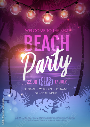 Summer disco party poster with tropic leaves and string of lights. Summer background. Vector illustration
