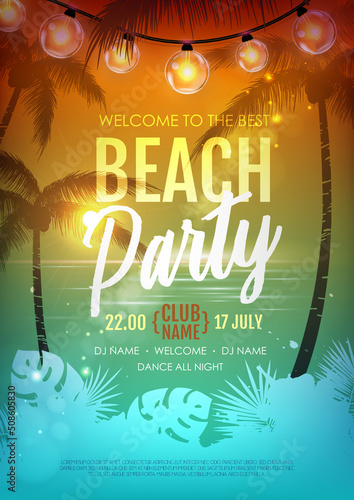 Summer disco party poster with tropic leaves and string of lights. Summer background. Vector illustration