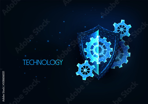 Futuristic technology security concept with glowing low poly protective shield and cog wheels gears 