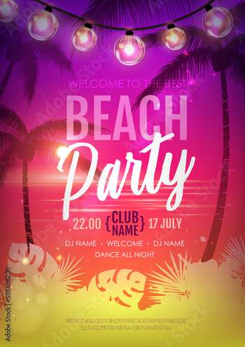 Summer disco party poster with tropic leaves and string of lights. Summer background. Vector illustration