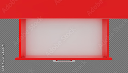 Top view of red empty open drawer of cabinet, cupboard or nightstand. Vector mockup of 3D rendered furniture. Interior office or living room object
