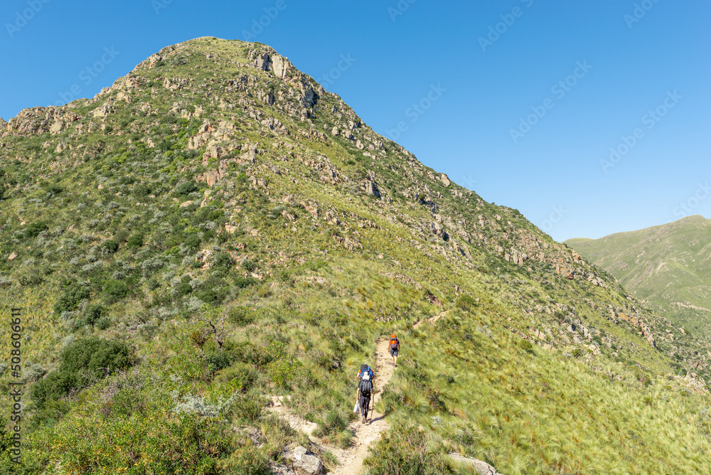 Rear View of Group of People Hiking Whit Backpack to the Top of Mountain in a Sunny Day