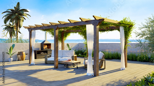 Foto 3D illustration of luxury terrace with sea view and wooden pergola