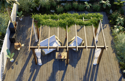 3D render top view of wooden pergola on private terrace