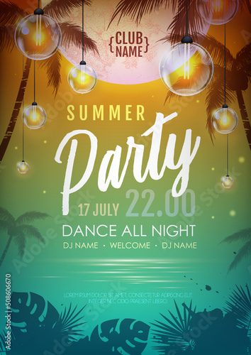 Summer disco party poster with tropic leaves and string of lights. Summer background. Vector illustration
