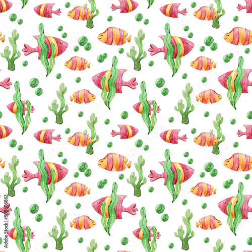 Wallpaper Mural Watercolor fish underwater nautical seamless pattern for fabric, print, textile design, scrapbook paper, wrapping paper, wallpaper. Hand painted cute nursery illustrations Torontodigital.ca