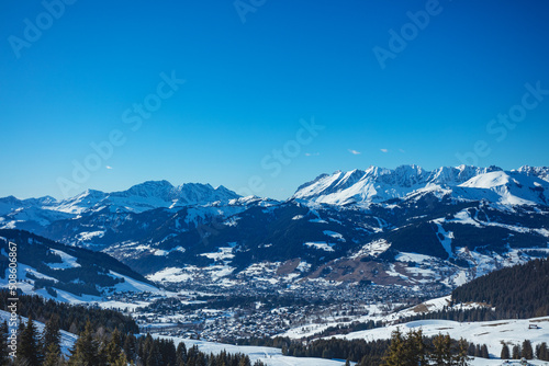 Megeve town in the valley of Alps, view from mountains