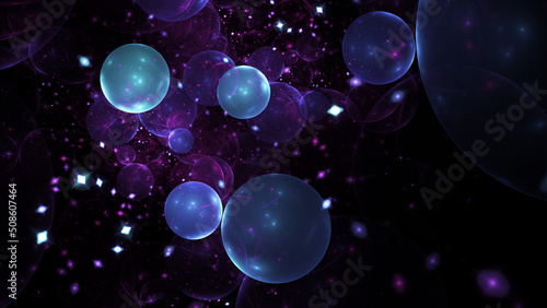 Abstract blue bubbles. Fantastic space background. Digital fractal art. 3d rendering.