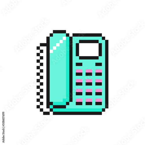 Retro landline phone with buttons icon in pixel art design isolated on white background