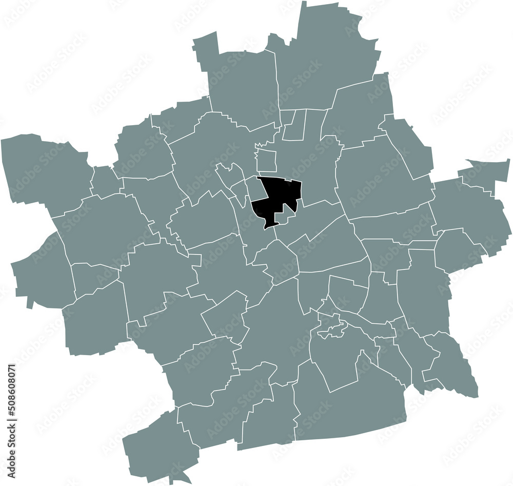 Obraz premium Black flat blank highlighted location map of the ILVERSGEHOFEN DISTRICT inside gray administrative map of Erfurt, Germany