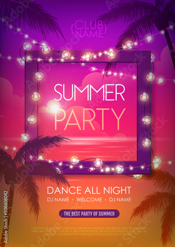 Summer disco party poster with tropic leaves and string of lights. Summer background. Vector illustration