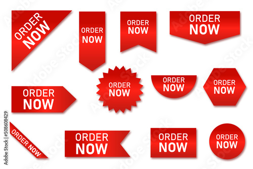 Price tags vector collection. Red ribbons, tags and stickers. Vector illustration. Order now offers.