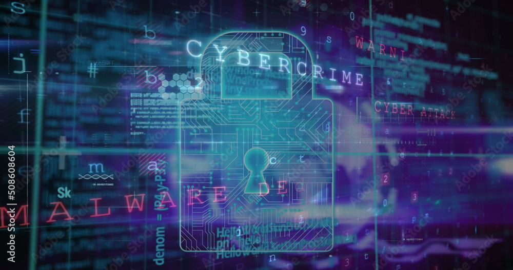 Image of warning data processing, online security padlock and circuit board Image of warning data processing, online security padlock and circuit board