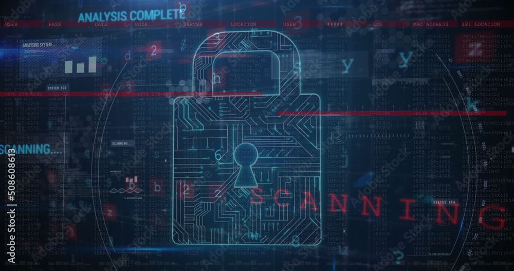 Image of warning data processing, online security padlock and circuit board Image of warning data processing, online security padlock and circuit board